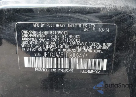 2015 Subaru Impreza z USA, uszkodzony, nr VIN JF1GJAA61FG002477